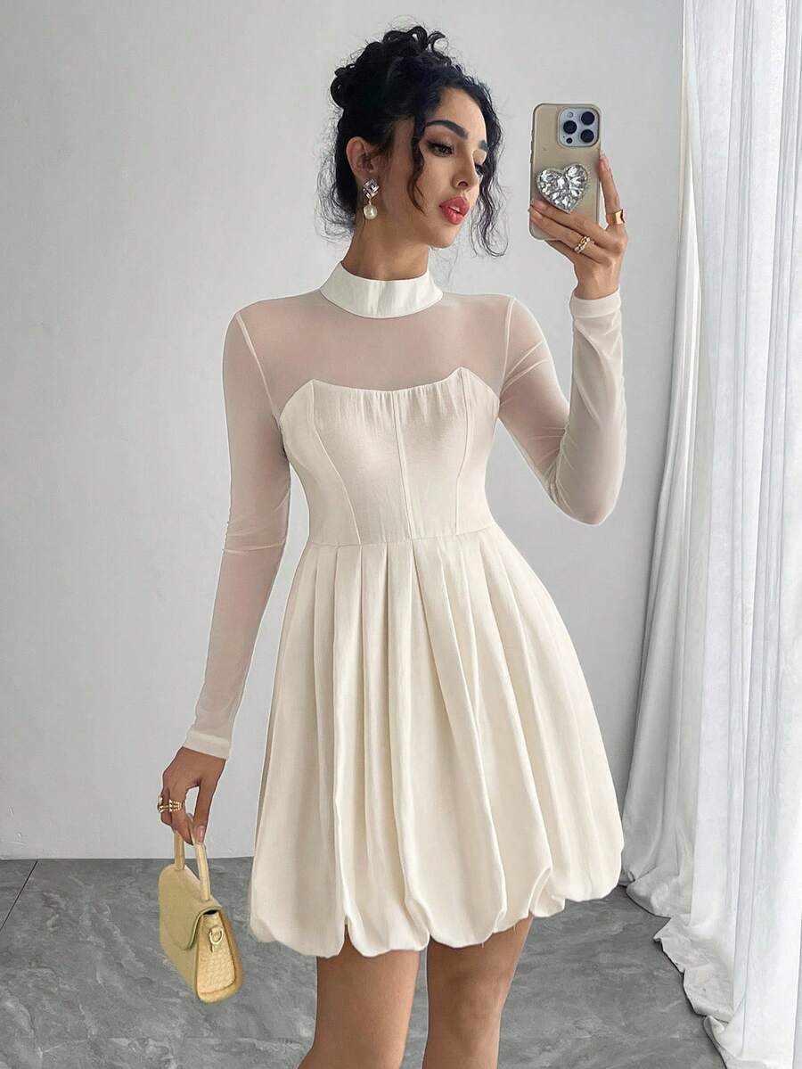 DAZY Women's Sheer Patchwork White Long Sleeve Short Dress - White - View 1