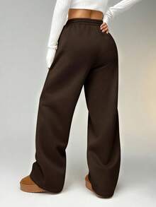 SHEIN EZwear Women's Knitted Coffee Brown Long Straight Leg Sweatpants With Practical Pockets Wide Leg Sweatpants Brown Pants Flare Sweat Pants Brown Bottoms Women Y2k Pants - Coffee Brown - View 2