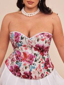 SHEIN BAE Vintage Palast-Stil Damen Große Größen Buntes Blumen Jacquard Bandeau Top mit Knöpfen und Rückenbindung, Strandurlaub, Ausgehoberteil für Damen, Herbst für Damen, Herbst Große Größen Damen, Halloween Kostüm Damen, Winter für Damen, Große Größen Damen, Elegant Damen, Weihnachten, Erntedankfest - Verschiedenfarbig - Übersicht 6