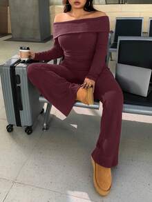 SHEIN EZwear Conjunto Casual Minimalista de 2 Peças com Ombros à Mostra e Canelado em Plus Size - Vinho - Visão 7