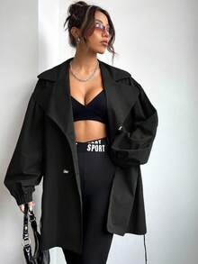 SHEIN EZwear 秋季大码休闲纯色双排扣风衣 - 黑色 - 查看 6