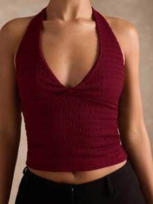 SHEIN BAE 女式简约纯色露背短款修身背心，夏季 - 酒紅色 - 查看 3