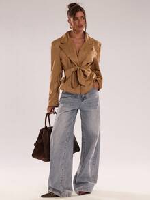 SHEIN BAE Women's Solid Color Lapel NeckLong Sleeve Belted Design Fashion Jacket, Autumn, Brown Jacket Women Women Fall Clothes,Suede Jacket