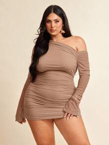 SHEIN BAE Đầm ôm sát tay dài cổ lệch màu đen cỡ lớn dành cho nữ, gợi cảm và phù hợp cho các dịp thường ngày, đi chơi, hẹn hò, trà chiều, nghỉ mát, xuân/hè, trở lại trường học, đi làm - Màu Khaki - Xem 6