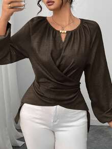 Elenzga Áo sơ mi nữ thắt eo kiểu quấn hạt cườm, Thu/Đông - màu nâu - Xem 7