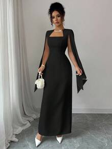 Elenzga Váy suông thẳng cổ vuông thanh lịch dành cho nữ, thắt eo, đính chuỗi ngọc trai ở cổ tay áo, thích hợp cho đám cưới, tiệc tùng, lễ hội âm nhạc - màu đen - Xem 3