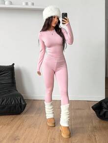 Coolane 女式秋季酷女孩街头服饰可爱外出长袖弹力舒适粉色 T 恤和高弹力紧身裤粉色瑜伽裤 2 件/两件 - 粉色 - 查看 4