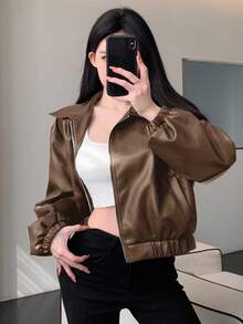 DAZY Áo khoác da PU ngắn màu nâu trơn thời trang đường phố rộng rãi cho nữ, thích hợp cho mùa thu, đông, xuân Y2k - Lạc đà - Xem 5
