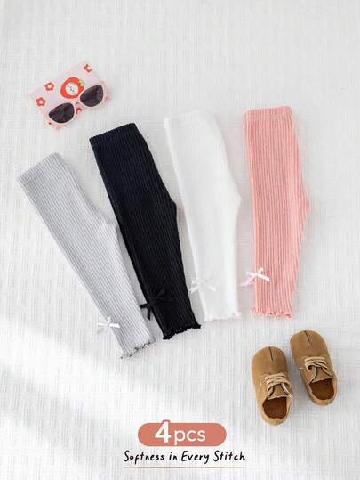 Cozy Pixies 4 件套女婴紧身裤，3D 蝴蝶结装饰，幼儿紧身裤，舒适百搭，适合室内、室外、日常穿着、运动、派对、摄影、圣诞节、秋冬，厚罗纹