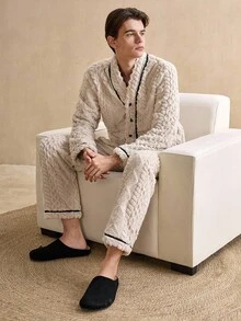 EverLounge 男士撞色滚边纽扣前开襟法兰绒家居服睡衣套装，秋冬装，蓬松舒适 - 彩色 - 查看 1