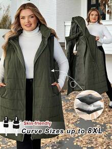 SHEIN CURVE+ Chaleco acolchado con capucha y bolsillos para mujer de talla grande, de otoño/invierno - Verde militar - Ver 1