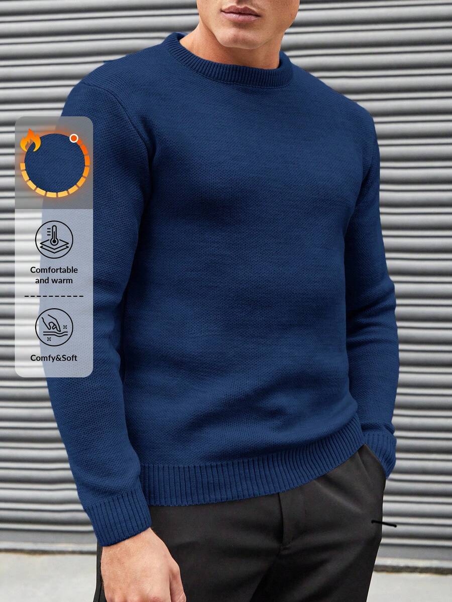 RueChic Men's Solid Basic Round Neck Sweater - Blue - View 1