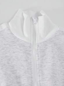 SHEIN Sparklyn 1 件女童花卉灰色时尚舒适撞色白丝带半拉链羊毛连帽衫和高腰罗纹裤套装，宽松腿部设计，适合室内、户外、旅行、派对、学校通勤，秋冬必备 - 灰色 - 查看 5