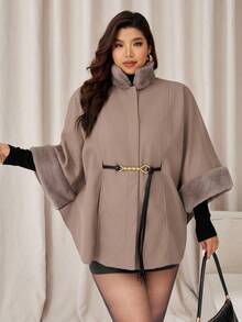 Auralis 大码女装秋冬时尚优雅宽松舒适日常毛绒拼接卡其色斗篷外套配腰带，女装冬装，秋季服装，冬季外套 - 灰色 - 查看 5