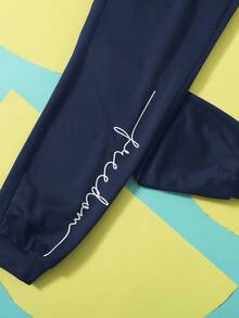 SHEIN 青少年男孩休闲针织抽绳腰运动裤，字母图案 - 藏蓝色 - 查看 3