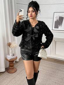 Modelyn معطف أنيق مع فيونكة أمامية من نسيج جاكار للنساء كبيرات الحجم، ملابس خريف وشتاء للنساء - الأسود - مشاهدة 4