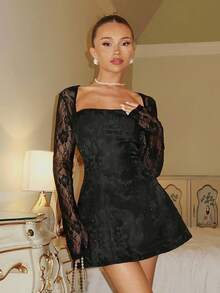 Glamine Glamine Elegant Lace Patchwork 3D Embossed Floral Square Neck Long Sleeve A-Line Dress, Black Reception Dress, Black Lace Dress, Rehearsal Dinner Dress, Tulle Bloom, Sweet Style, Satin Grad Dresses, Romantic Dress, Looks Of Party, Elevated Elegance, Elegant In Black, Chic Autumn, Elegant Winter,Black 3D, PartyMustHave Black Cocktail Dress Halloween Black Dress With Lace Sleeves Elegant Black Dress Lace Black Mini Dress Goth