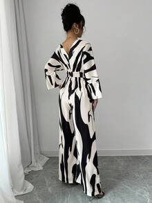 SHEIN PETITE 时尚通勤撞色印花阔腿连体裤 - 黑與白 - 查看 2