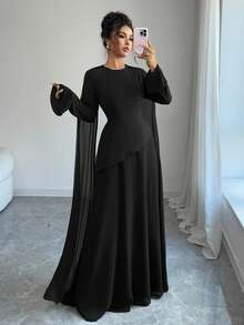 Elenzga 女士优雅中东风格复古法式别致连衣裙，采用收腰分层紧身胸衣，喇叭裙搭配雪纺下摆，长喇叭袖和肩部垂坠细节，适合派对，秋冬季 - 黑色 - 查看 3