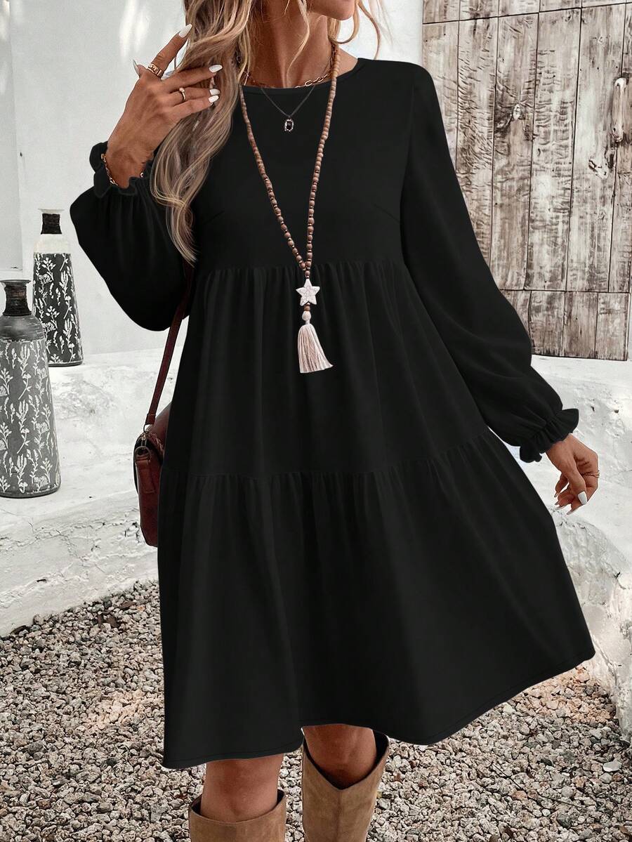 EMERY ROSE Casual Minimalist Versatile Solid Black Loose Fit Round Neck Plus Size Dress, Suitable For , Everyday Wear,Spring/Summer/Vacation - Black - View 1