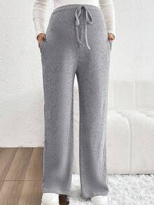 SHEIN Pantalones casuales de maternidad de unicolor, de pierna ancha, con cintura ajustable y acanalados - Gris - Ver 3