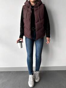 EURMUSE Damen einfarbige Reißverschluss-Vorderteil Kordelzug Kapuzen Lässig Regular Weste Jacke, Winter - Bordeaux - Übersicht 4