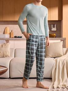 Manfinity Underwear&Sleepwear Basics Teen Boy Solid Color Long Sleeve Top And Plaid Pants Pajama Set, Autumn - Mint Blue - View 4
