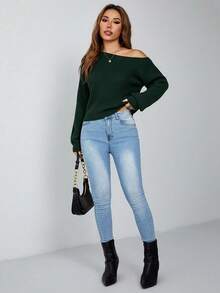 SHEIN PETITE 别致的橄榄绿色罗纹针织露肩长袖套头衫女士常规毛衣绿色毛衣深绿色上衣露肩长袖绿色长袖上衣露肩毛衣女士秋冬装 - 橄欖綠 - 查看 5