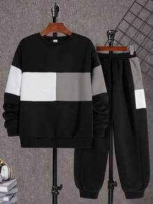 Tween Boys' Black And White Color Block Sweatshirt And Pants Set,Collegiate Autumn Streetwear School Back-To-School,Comfortable Soft Fabric Outfit - Light Grey - View 2