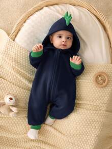 SHEIN 新生男婴可爱拼色针织恐龙连帽加厚连体衣，秋冬 - 藏蓝色 - 查看 3