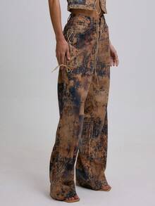 MUSERA 低腰系带阔腿牛仔奶牛纹牛仔裤，仅限夏季节日度假可爱性感牛仔女郎春季伊比沙岛西部乡村音乐会锐舞派对时尚 - 棕色 - 查看 3