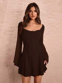 SHEIN BAE 优雅纯色红色/酒红色方领长袖露背系腰公主裙，适合秋冬、春季、情人节、派对、浪漫约会、伴娘、舞会、工作、日常穿着 - 咖啡棕 - 查看 6