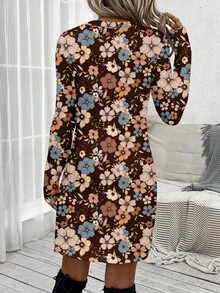 SHEIN LUNE Women's Casual Retro Floral Pattern Round Neck Long Sleeve Dress, Suitable For Spring And Autumn Outings Coffee Brown Dress - Multicolor - View 2