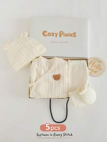 Cozy Pixies 新生儿男女款休闲纯色舒适礼品套装（连体衣 + 上衣 + 裤子 + 帽子 + 手套），中性婴儿服装套装，新生儿男女款婴儿礼品套装，男女款新生儿服装套装 - 米色 - 查看 3