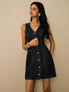 Poéselle Women's V-Neck Single-Breasted Casual Sleeveless Denim Dress - Black - View 6