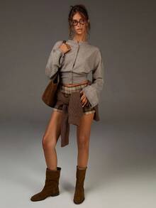 Athîral 女式休闲落肩长袖纯色针织开衫，秋季 - 駝色 - 查看 4