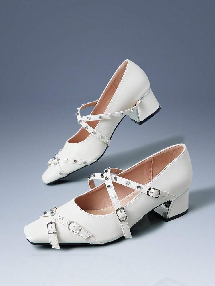 CUCCOO GRLICON Fashionable Chunky Heel Square Toe Rivet Decor High Heel Shoes