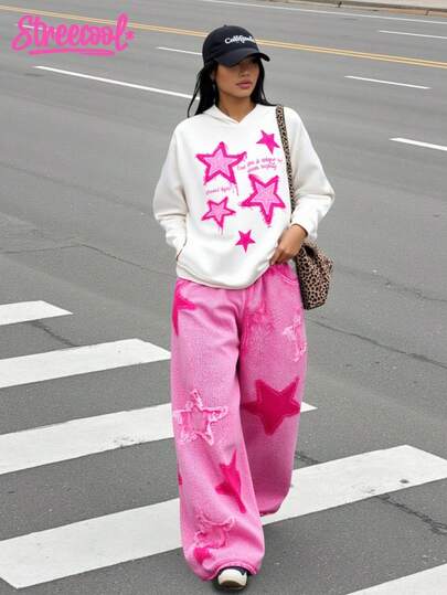 SHEIN Explorewe 1 Set Teenage Girls' Sweet & White Star Print Hoodie Sweatshirt With Matching Pink Star Pattern Wide Leg Pants, Regular Thickness, Suitable For Everyday Wear, Spring/Autumn Fall Winter