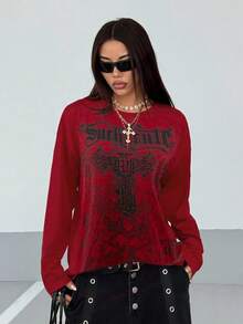 StreetHx 女士哥特印花宽松休闲暗黑街头风圆领薄款长袖T恤，秋冬图案T恤，春季女式上衣 - 酒紅色 - 查看 5