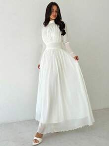 Firerie Women's Elegant Romantic Elegant Daily Commute Beach Vacation Stand Collar Pleated High Waist A-Line Flared Long Sleeve White Dress Women's New Year's Eve Dresses,Dresses For Women Elegant - White - View 5