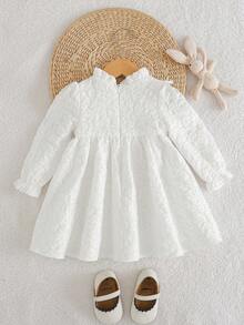 Cozy Pixies Baby Girl White Textured Soft Fabric Solid Color Ruffle Collar Long Sleeve Cinched Waist Cute Princess Style Party Casual Elegant Sweet Jacquard Bow Decor Fashion Long Sleeve Dress, Suitable For Autumn/Winter - Beige - View 2