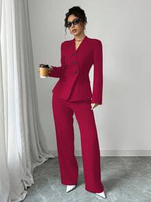 Elenzga Women's Commuter Solid Color V-Neck Slim Fit Single-Breasted Suit Set, Autumn - Burgundy - View 5