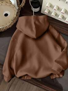 SHEIN EZwear 女士休闲简约牛仔印花宽松加厚卫衣，适合秋冬季、返校季和机场穿着。 - 咖啡棕 - 查看 2