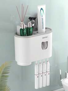 壁挂式牙刷架，带自动牙膏分配器浴室配件套装 - 灰色 - 查看 1