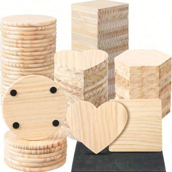 5 Packs DIY Wooden Coasters Set - Heart/Round/Square/Hexagon Shapes - 4 Inch Craft Coasters - Perfect For Painting, Staining, Engraving & Home Decor! Ideal For Creative Gifts & Custom Tabletop Decoration!
