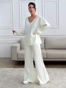 EURMUSE Petite Petite Women V-Neck Oversize Sweater And Knit Pant Set - White - View 5