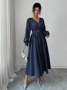 Modelyn 女式长袖交叉领口收腰A字条纹蓝色连衣裙 - 藍色 - 查看 5