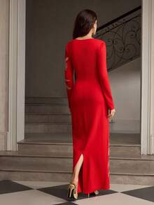ZEYLAH Women's Floral Embroidery Round Neck Long Sleeve Fitted Elegant Dress - Red - View 3