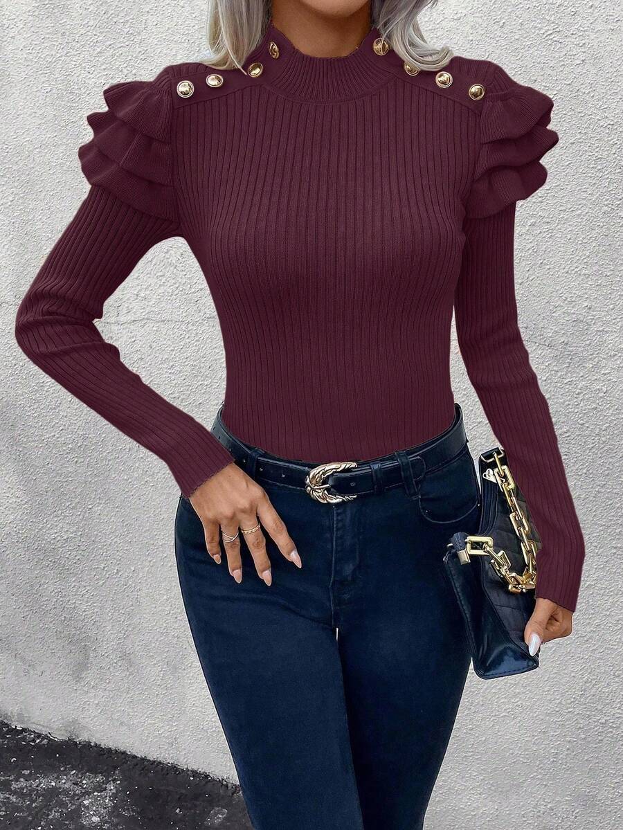 EMERY ROSE Women's Solid Color Button Design Stand Collar Long Sleeve Ruffle Hem Fitted Fashionable Pullover Sweater, Autumn - Burgundy - View 1