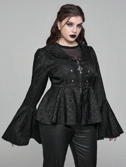 EDITION Cardigan à col plissé texturé noir à volants, grande taille, style gothique pour l'automne/hiver. Convient pour Halloween, Noël, événements festifs. Veste extérieure grande taille. Veste gothique noire élégante pour femmes de grande taille